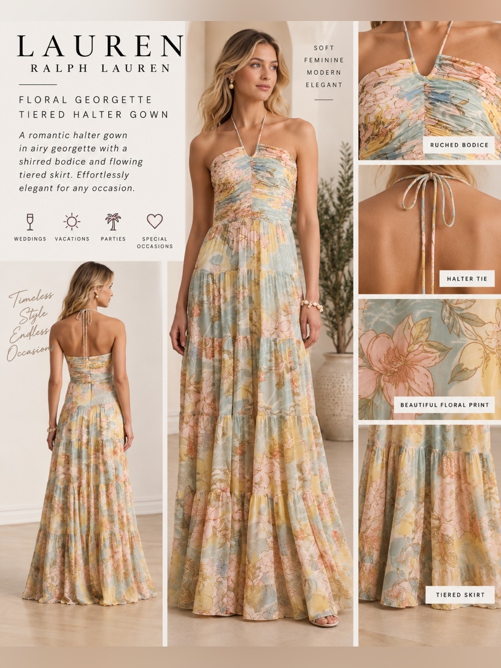 Lauren Ralph Lauren Floral Georgette Tiered Halter Gown Size 12 NWOT